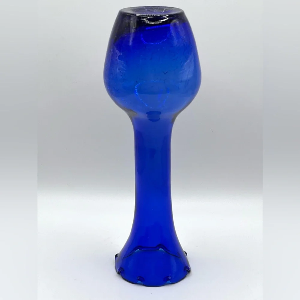 Vintage Cobalt Blue Ruffled Edges Bud Vase Crackled Glass Bottom 8 in